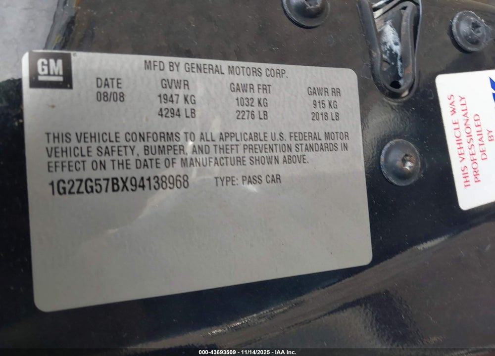 2009 PONTIAC G6 VIN: 1G2ZG57BX94138968