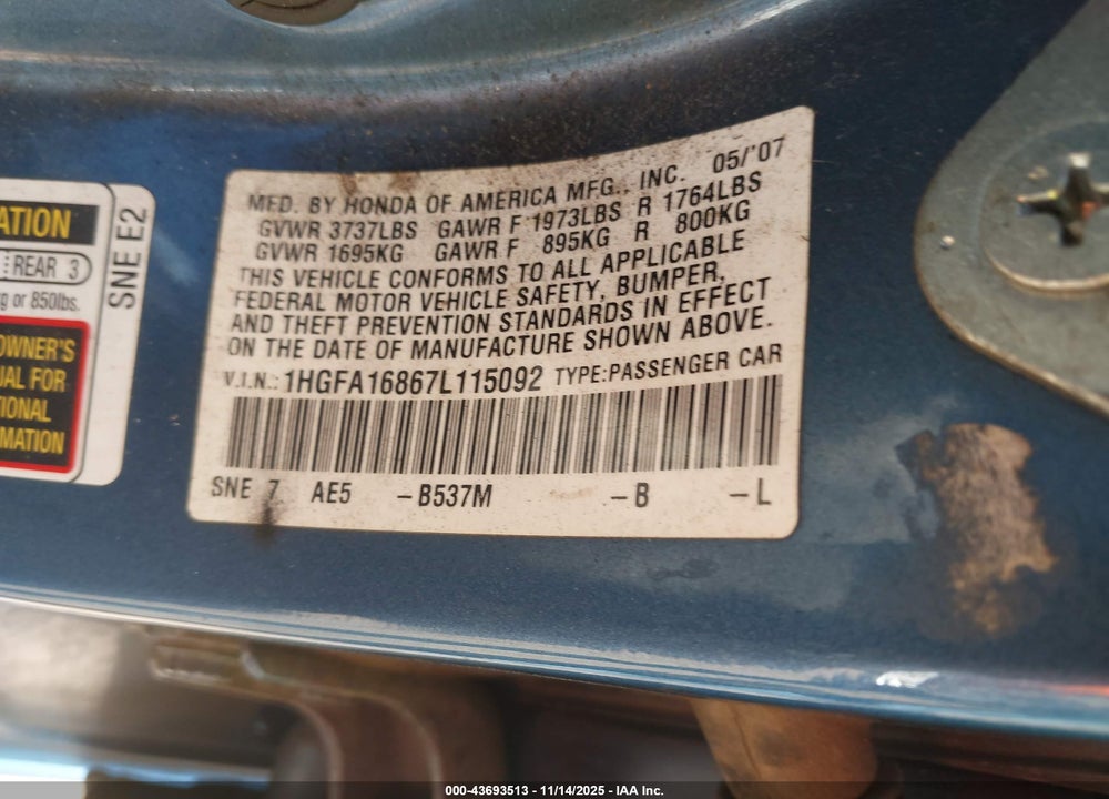 2007 HONDA CIVIC EX VIN: 1HGFA16867L115092