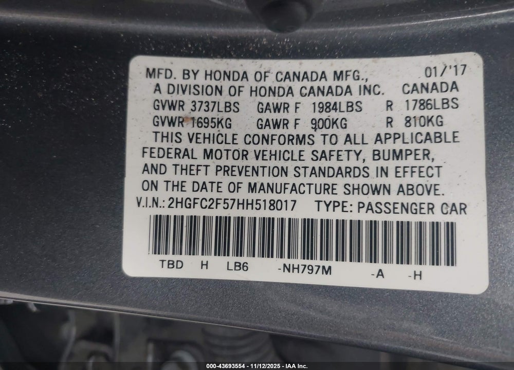 2017 HONDA CIVIC LX VIN: 2HGFC2F57HH518017