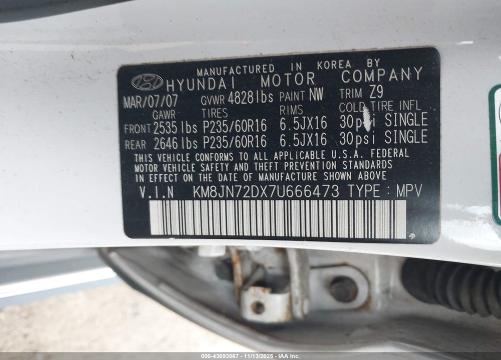 2007 HYUNDAI TUCSON LIMITED/SE VIN: KM8JN72DX7U666473