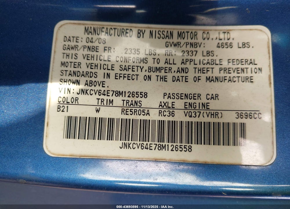 2008 INFINITI G37 VIN: JNKCV64E78M126558