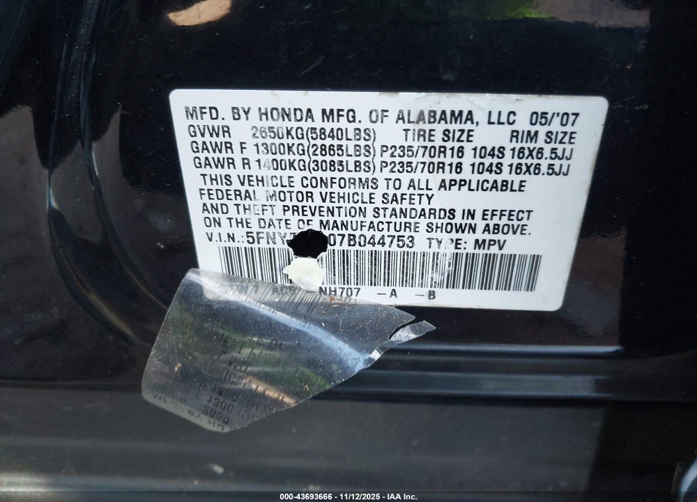 2007 HONDA PILOT EX-L VIN: 5FNYF28707B044753
