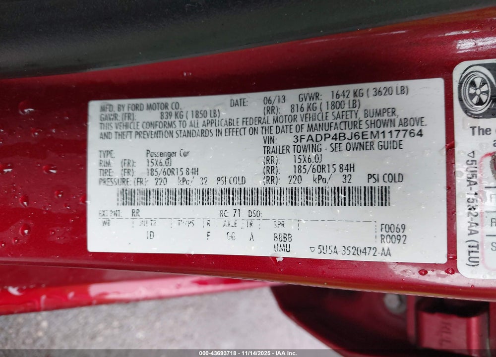 2014 FORD FIESTA SE VIN: 3FADP4BJ6EM117764