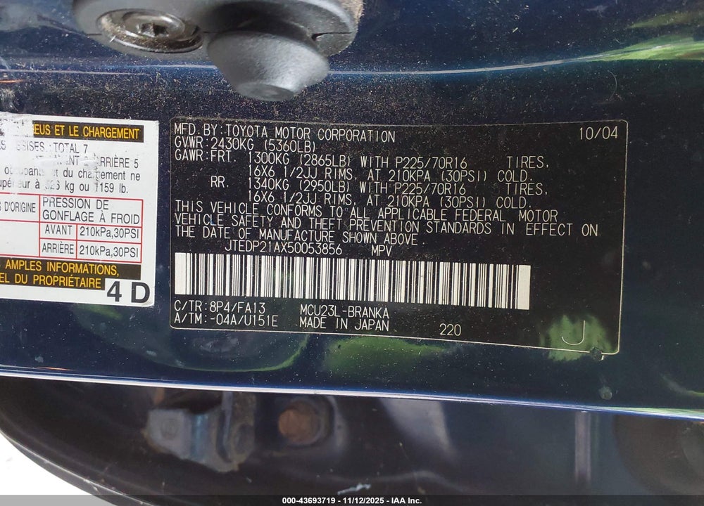 2005 TOYOTA HIGHLANDER V6 VIN: JTEDP21AX50053856