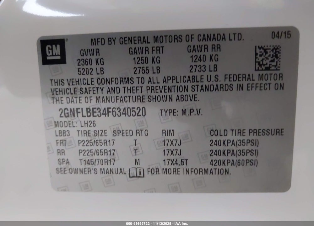 2015 CHEVROLET EQUINOX 1LT VIN: 2GNFLBE34F6340520