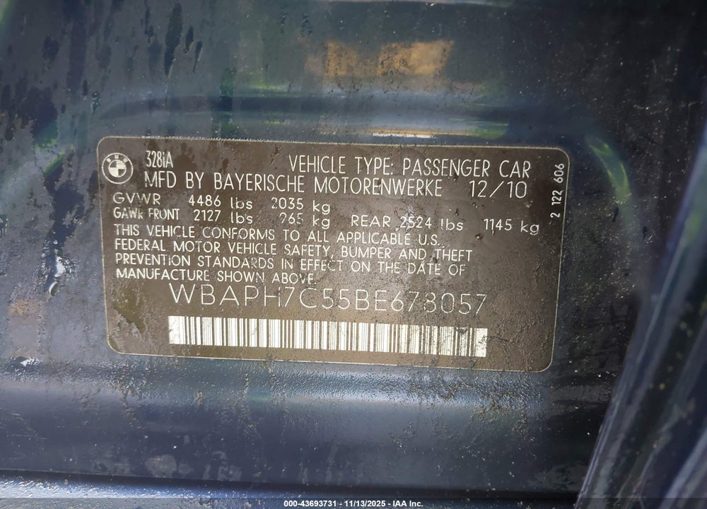 2011 BMW 328I VIN: WBAPH7C55BE678057