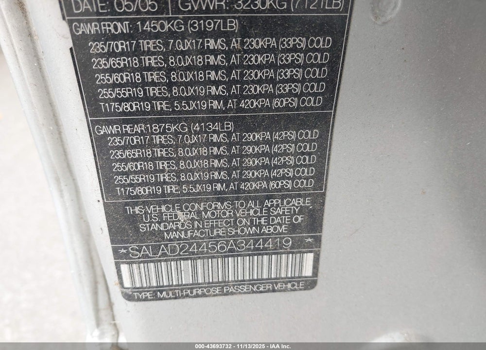 2006 LAND ROVER LR3 V6 VIN: SALAD24456A344419