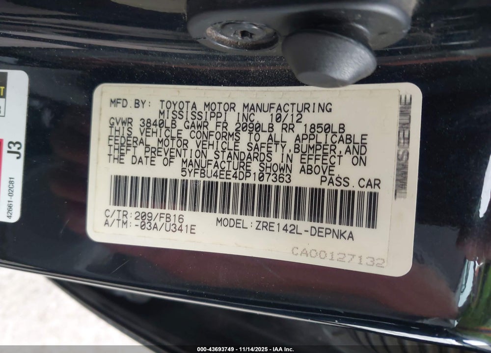 2013 TOYOTA COROLLA LE VIN: 5YFBU4EE4DP107363