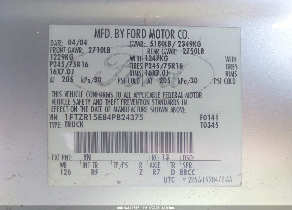 2004 FORD RANGER XLT VIN: 1FTZR15E84PB24375