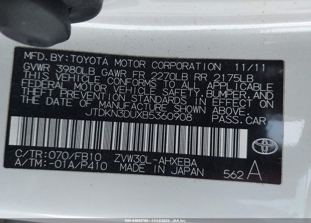 2011 TOYOTA PRIUS TWO VIN: JTDKN3DUXB5360908
