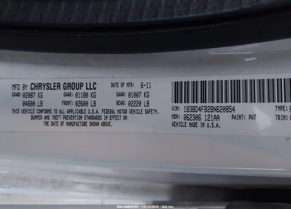 2011 DODGE AVENGER EXPRESS VIN: 1B3BD4FB2BN620854