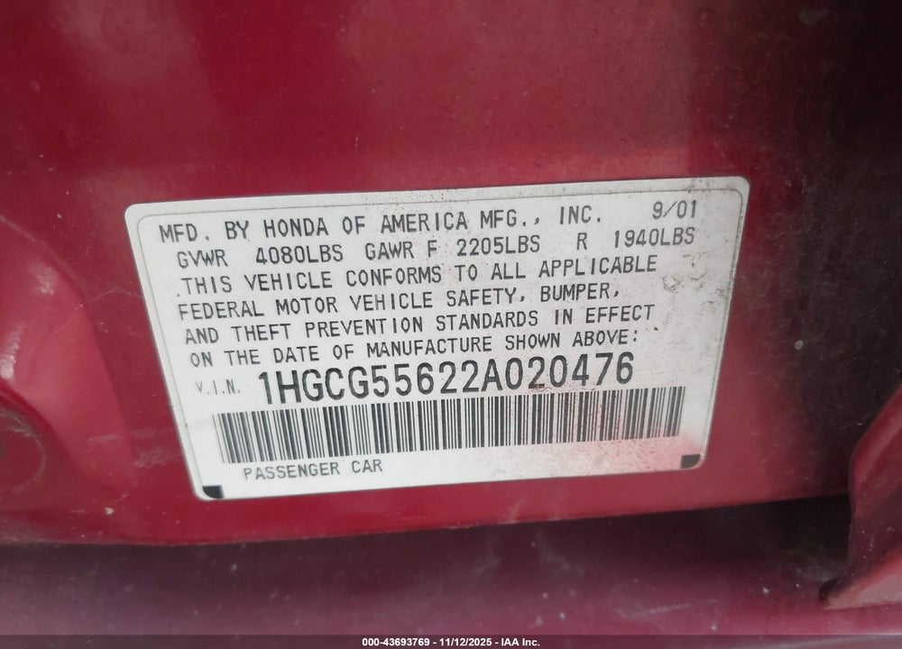 2002 HONDA ACCORD 2.3 EX VIN: 1HGCG55622A020476