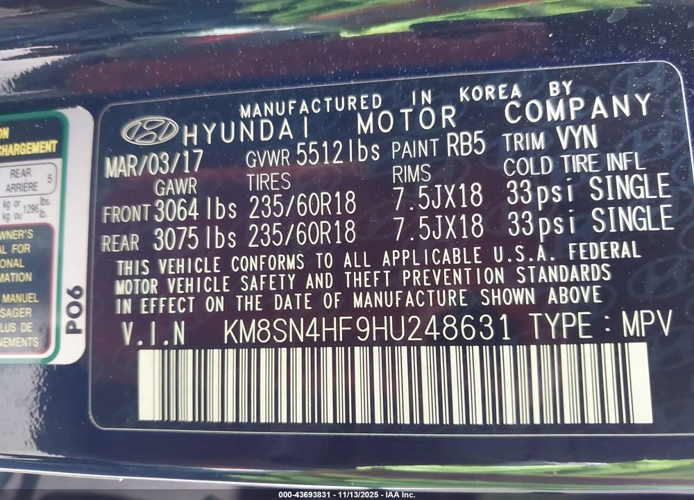 2017 HYUNDAI SANTA FE SE VIN: KM8SN4HF9HU248631