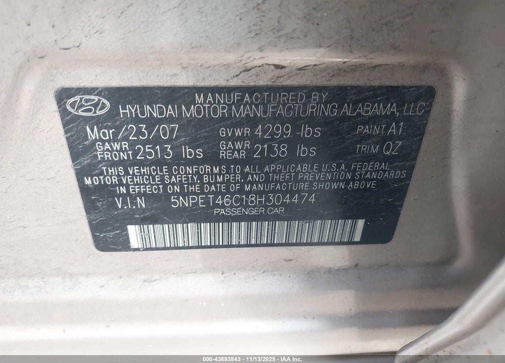 2008 HYUNDAI SONATA GLS VIN: 5NPET46C18H304474