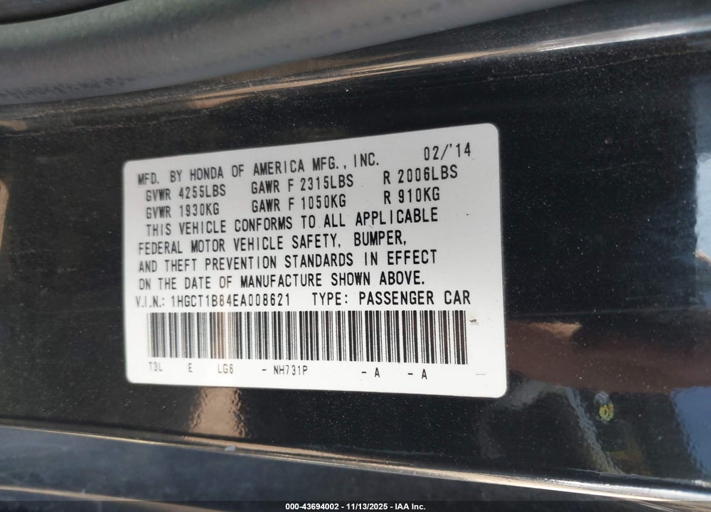 2014 HONDA ACCORD EX-L VIN: 1HGCT1B84EA008621