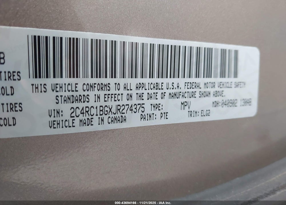 2018 CHRYSLER PACIFICA VIN: 2C4RC1BGXJR274375