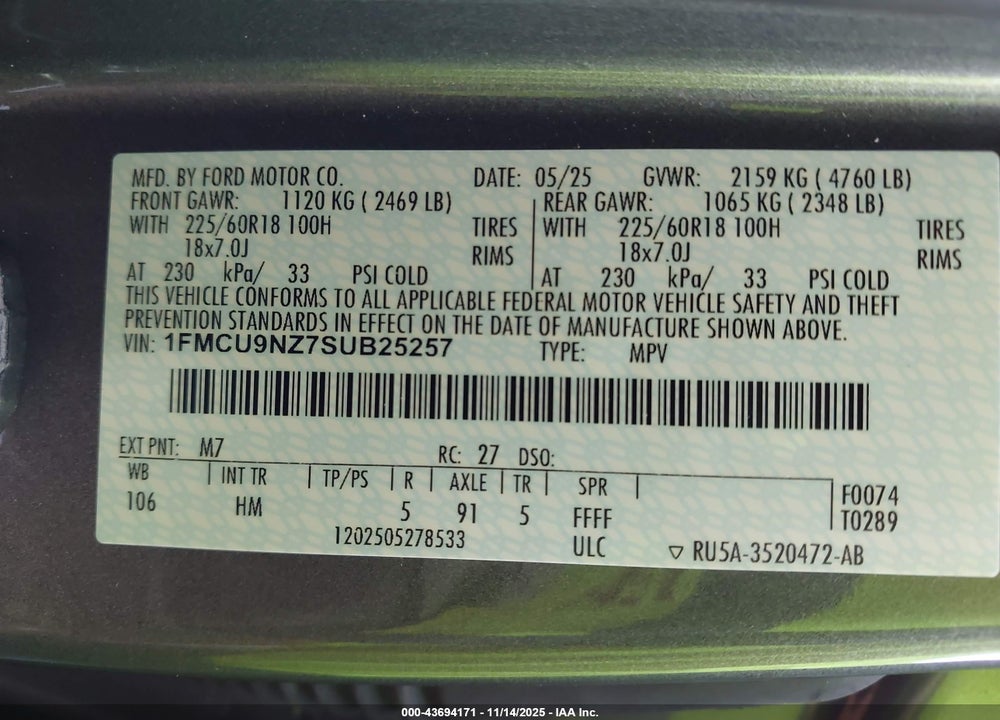 2025 FORD ESCAPE ST-LINE SELECT VIN: 1FMCU9NZ7SUB25257