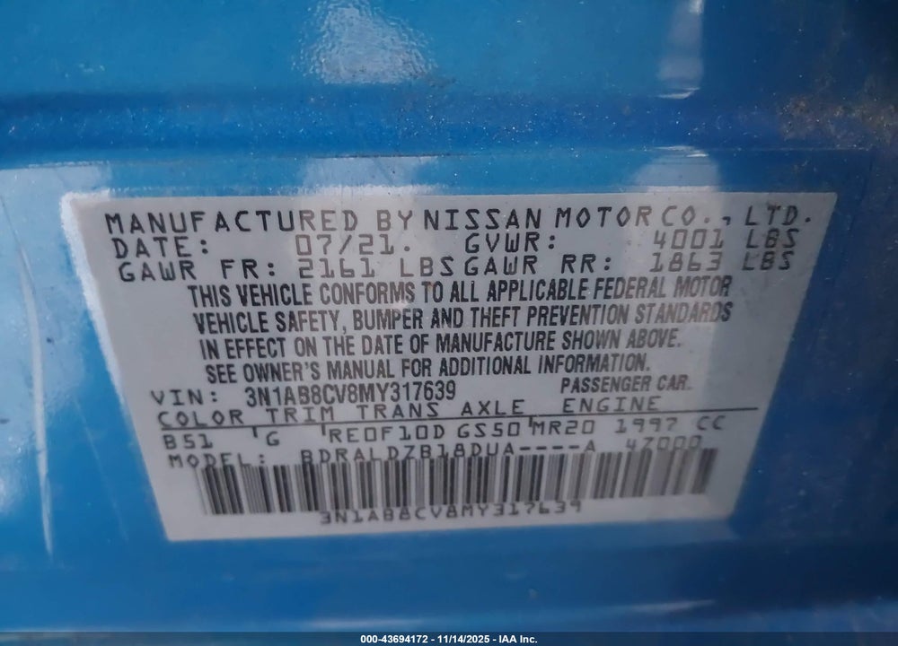 2021 NISSAN SENTRA VIN: 3N1AB8CV8MY317639