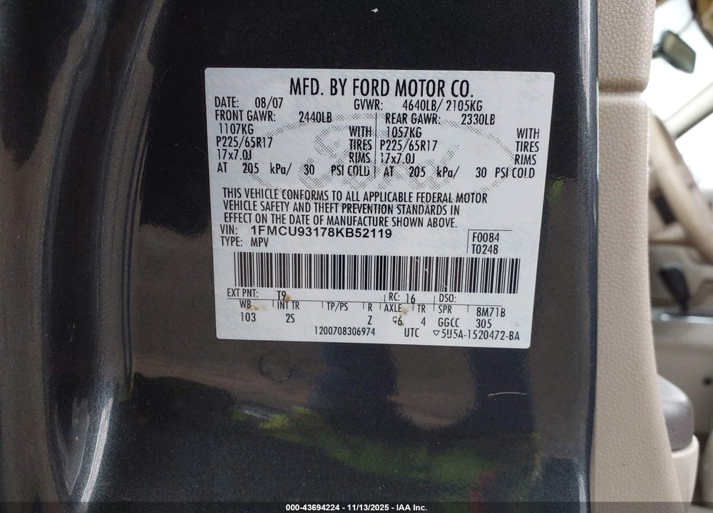 2008 FORD ESCAPE XLT VIN: 1FMCU93178KB52119