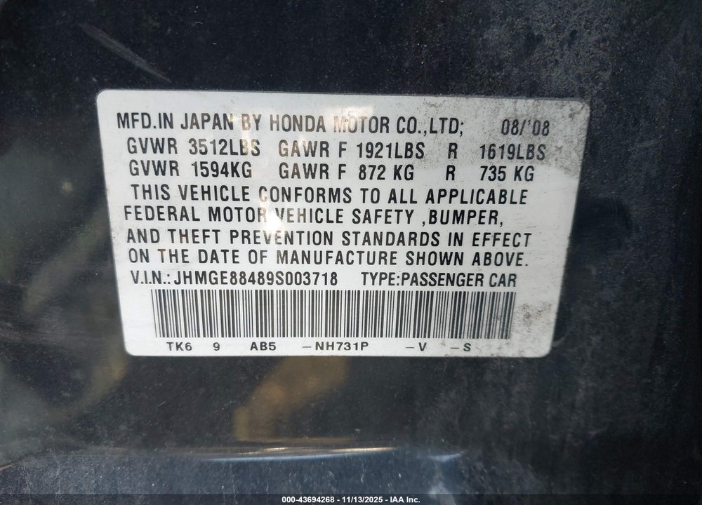 2009 HONDA FIT SPORT VIN: JHMGE88489S003718