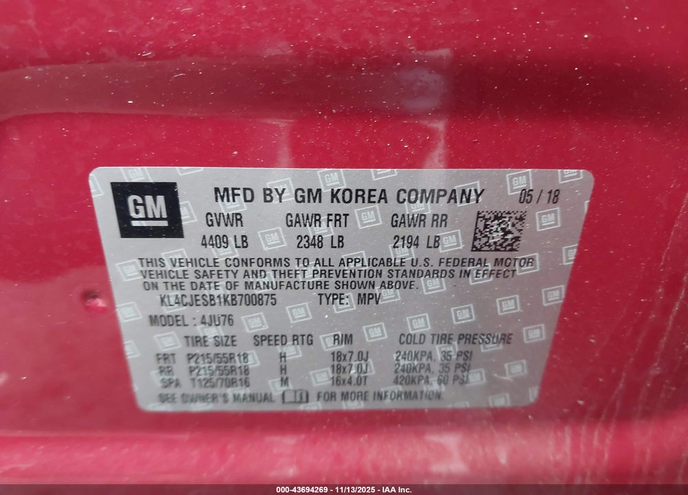2019 BUICK ENCORE VIN: KL4CJESB1KB700875