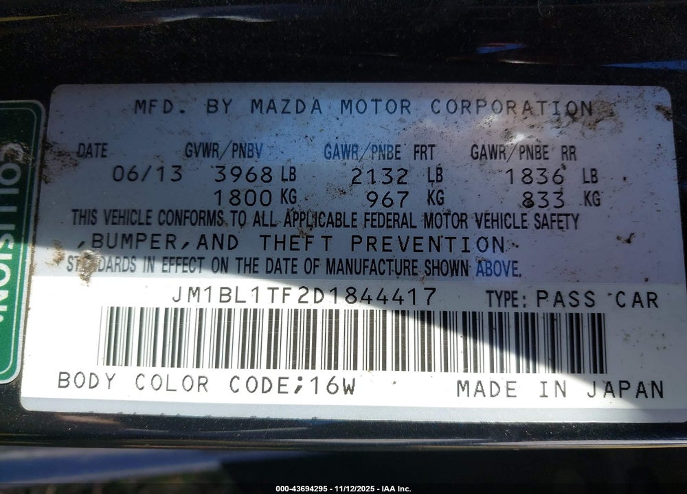 2013 MAZDA 3 I SV VIN: JM1BL1TF2D1844417