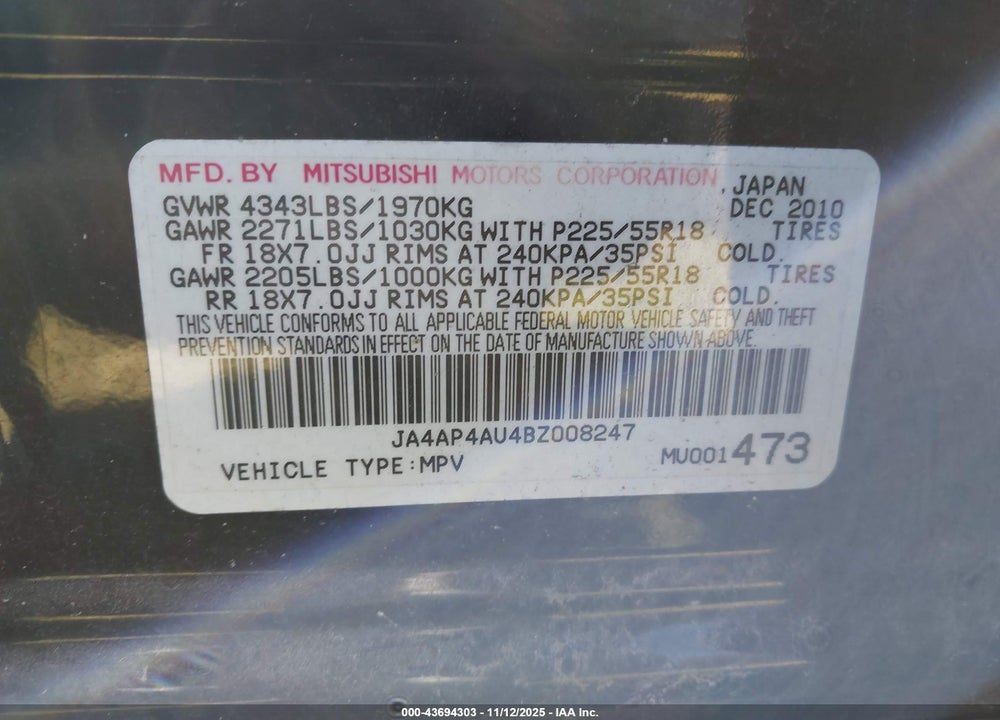 2011 MITSUBISHI OUTLANDER SPORT SE VIN: JA4AP4AU4BZ008247