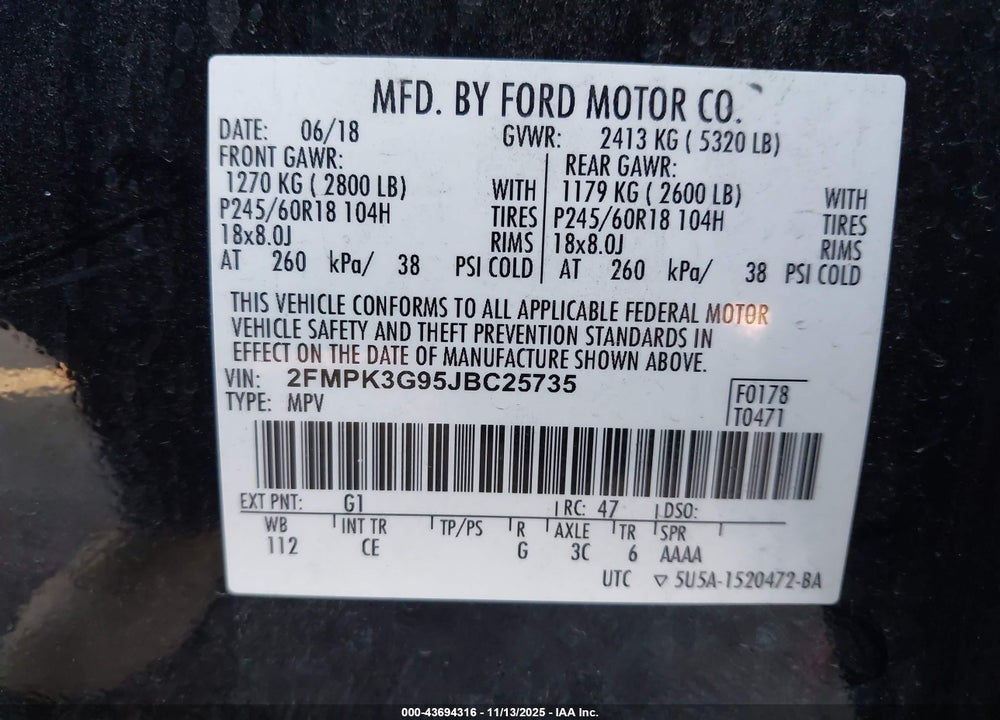 2018 FORD EDGE SE VIN: 2FMPK3G95JBC25735
