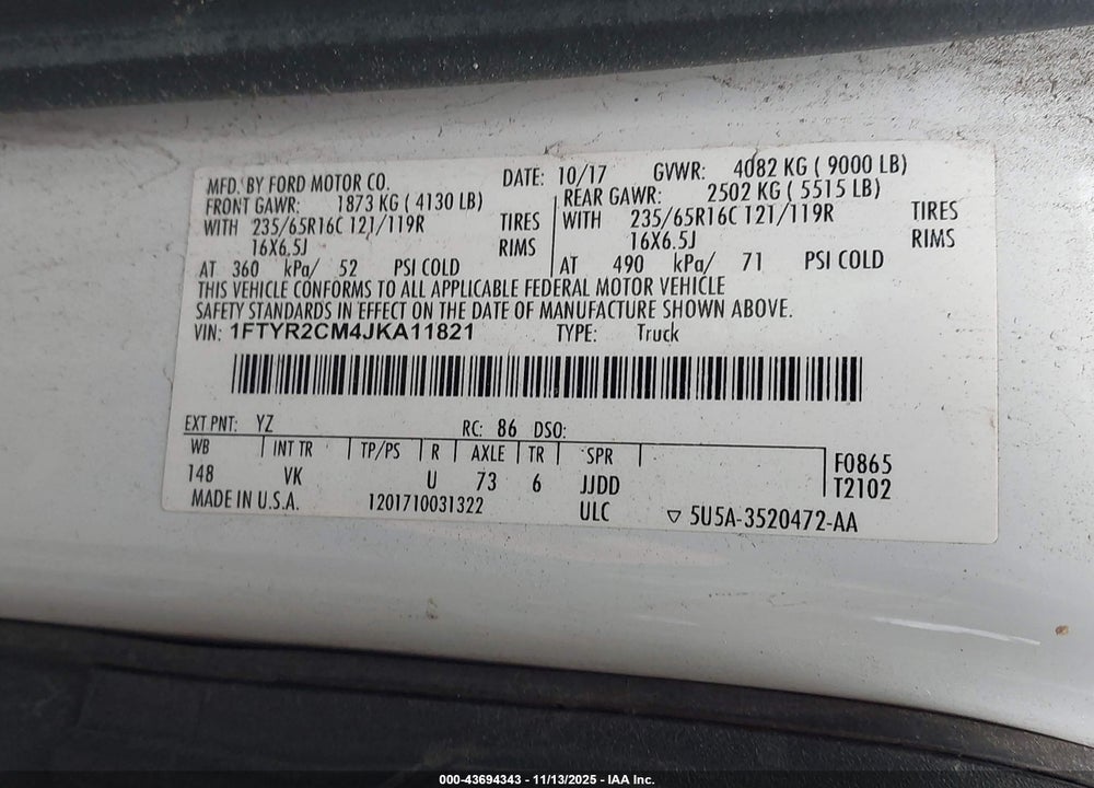 2018 FORD TRANSIT-250 VIN: 1FTYR2CM4JKA11821