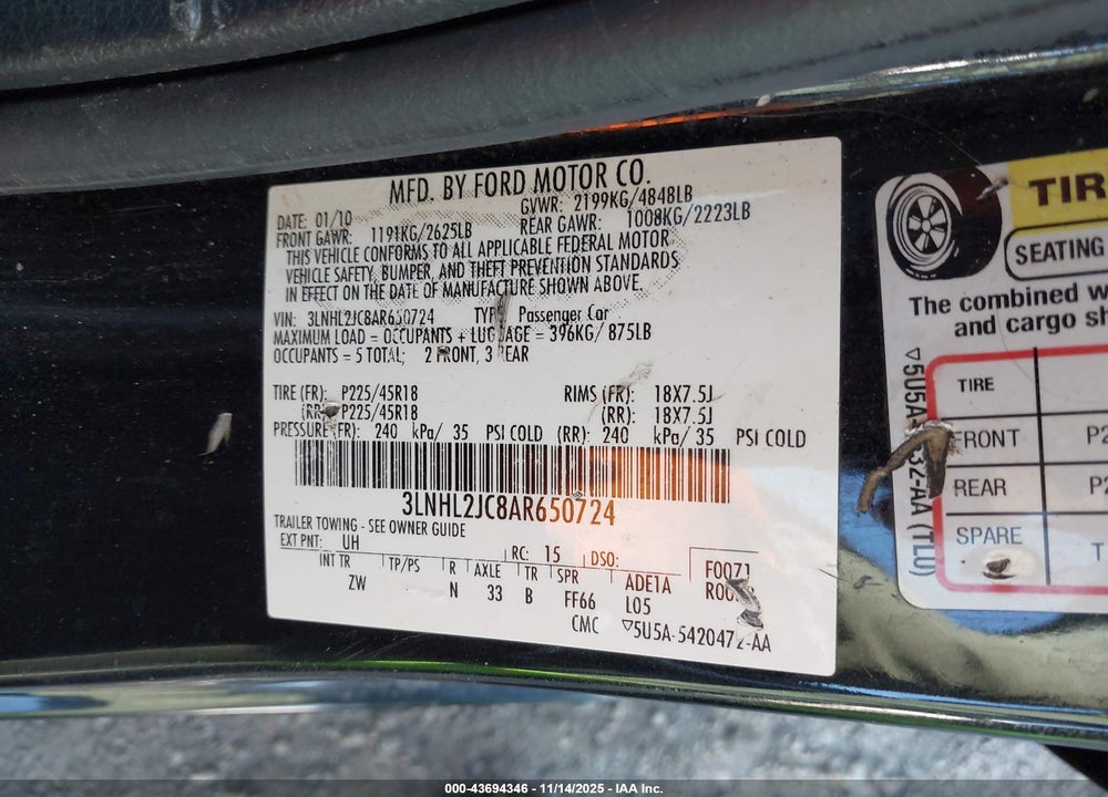 2010 LINCOLN MKZ VIN: 3LNHL2JC8AR650724