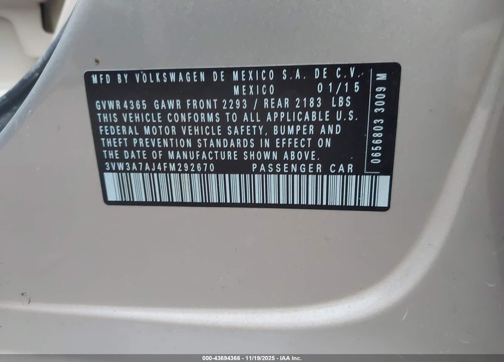 2015 VOLKSWAGEN JETTA VIN: 3VW3A7AJ4FM292670