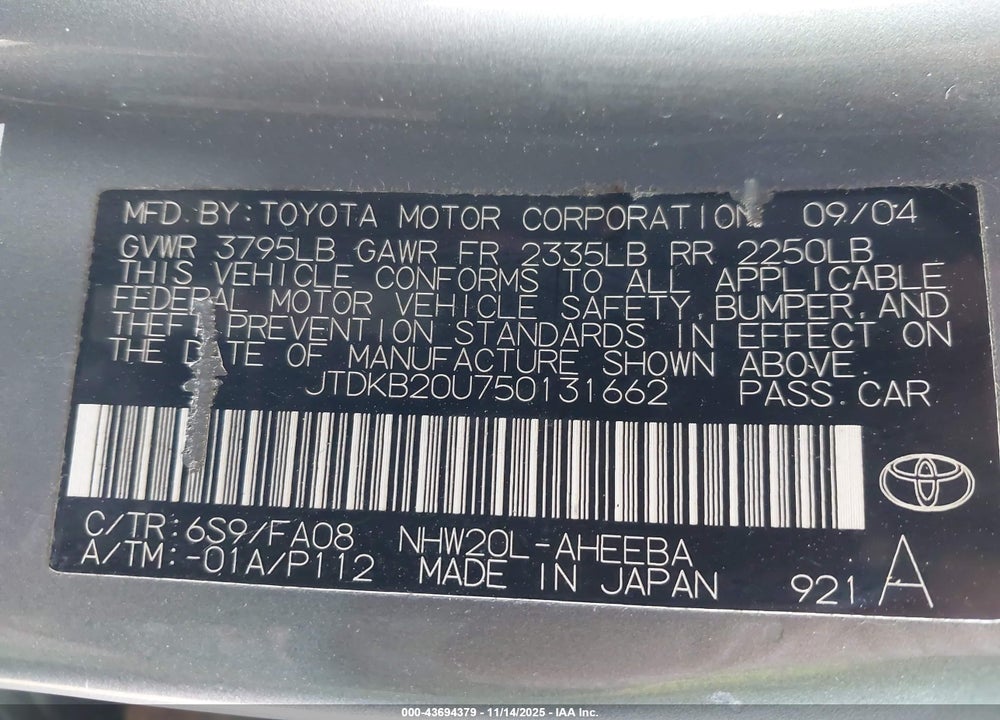 2005 TOYOTA PRIUS VIN: JTDKB20U750131662