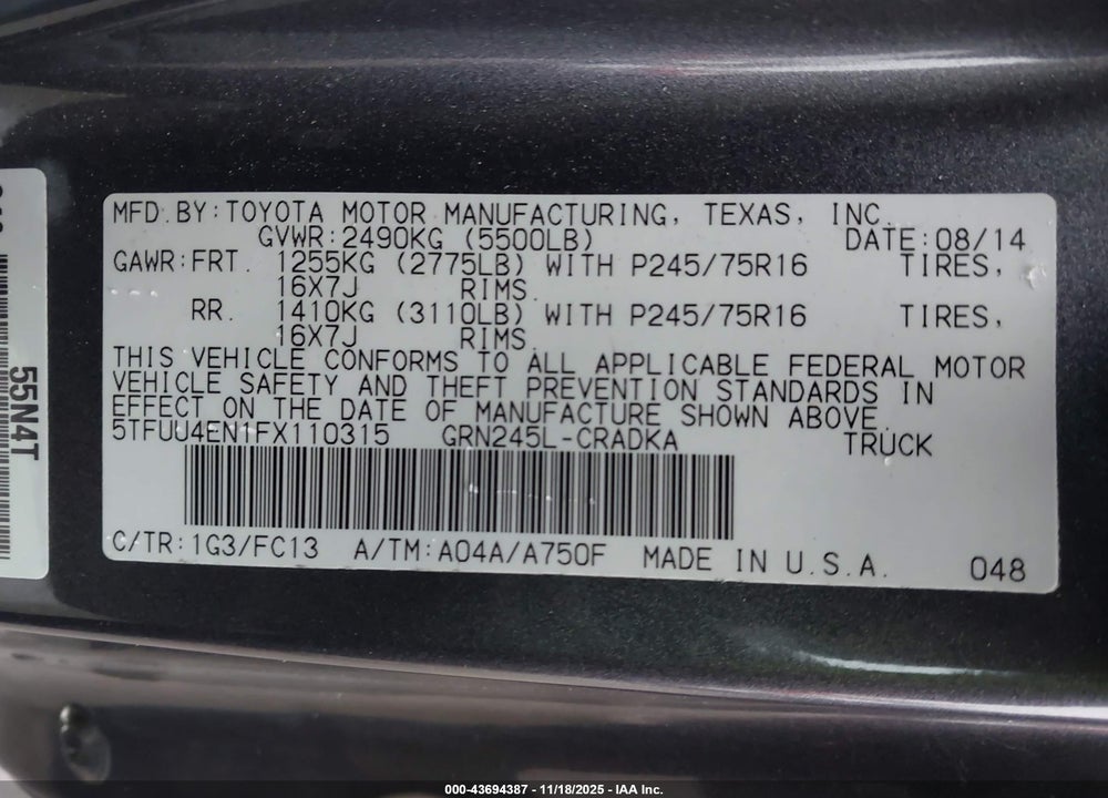 2015 TOYOTA TACOMA BASE V6 VIN: 5TFUU4EN1FX110315
