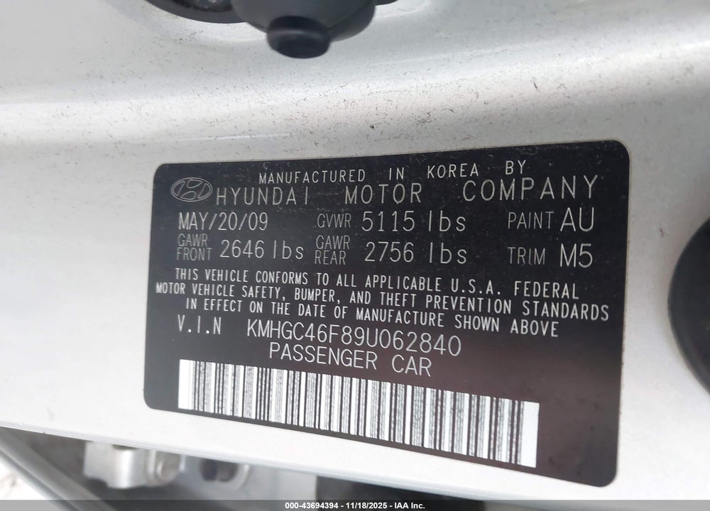2009 HYUNDAI GENESIS 4.6 VIN: KMHGC46F89U062840