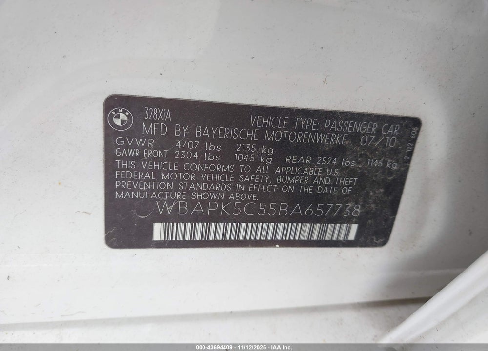 2011 BMW 328I XDRIVE VIN: WBAPK5C55BA657738