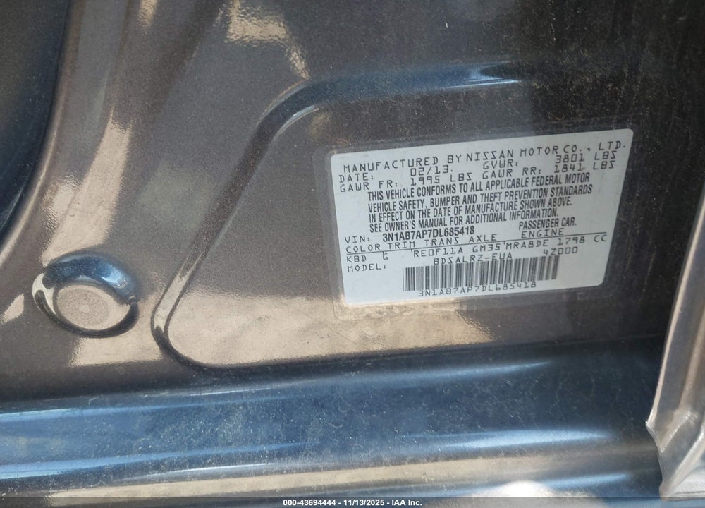 2013 NISSAN SENTRA SR VIN: 3N1AB7AP7DL685418