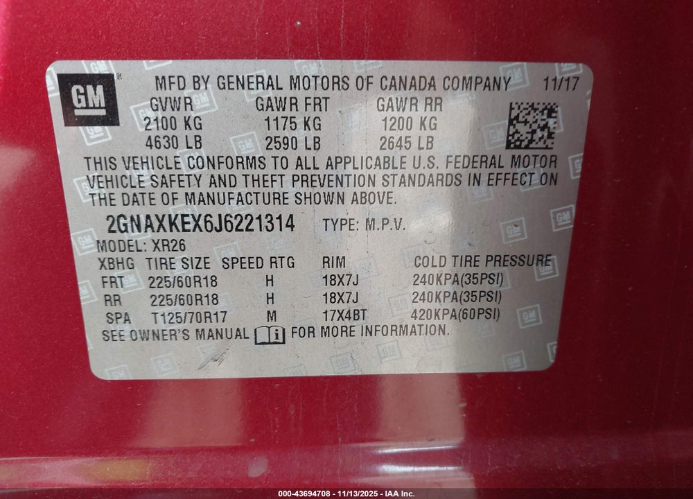 2018 CHEVROLET EQUINOX LT VIN: 2GNAXKEX6J6221314