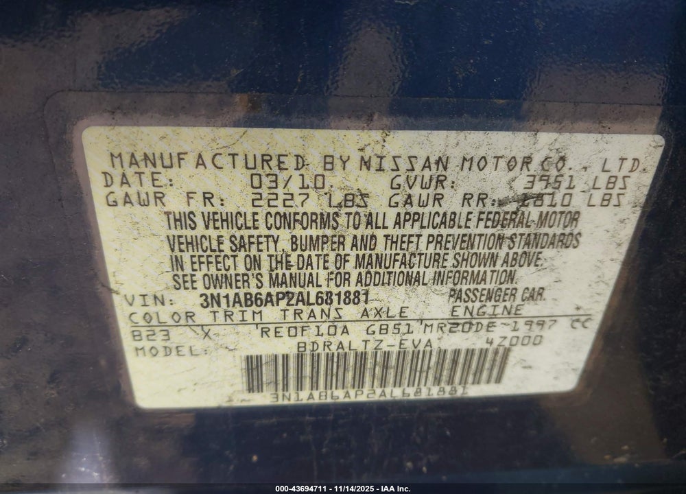 2010 NISSAN SENTRA 2.0S VIN: 3N1AB6AP2AL681881