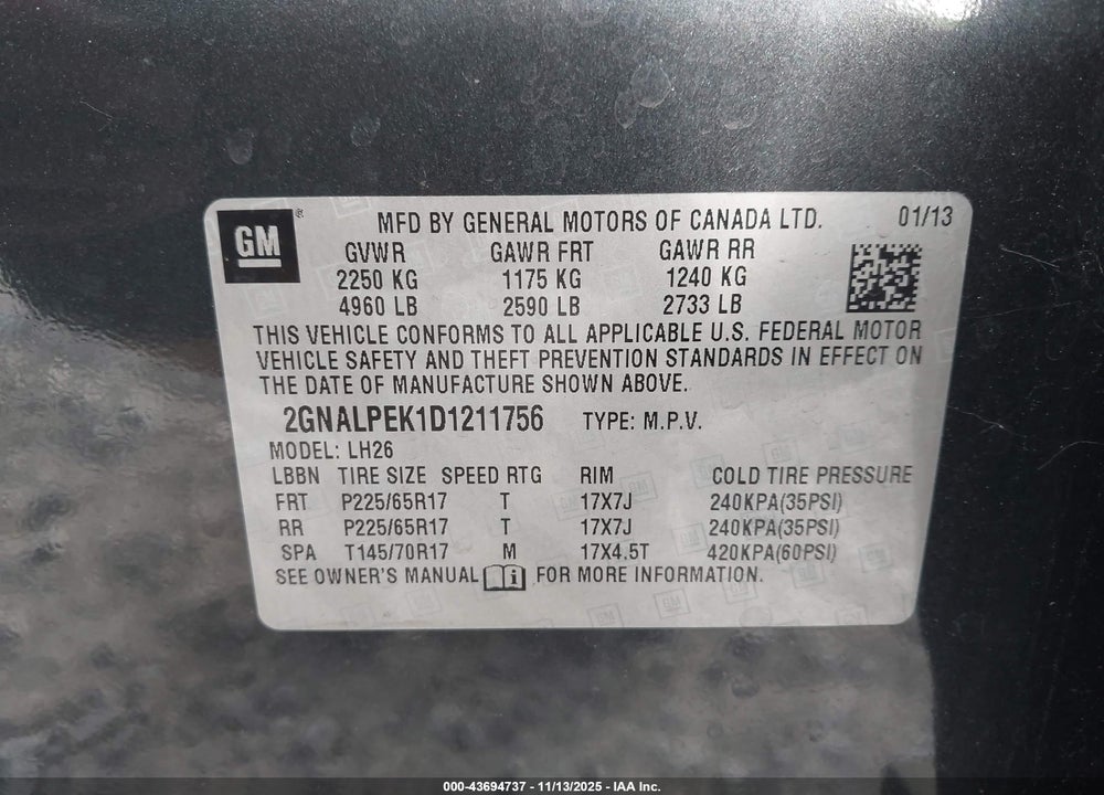 2013 CHEVROLET EQUINOX VIN: 2GNALPEK1D1211756