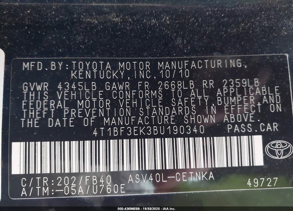 2011 TOYOTA CAMRY LE VIN: 4T1BF3EK3BU190340