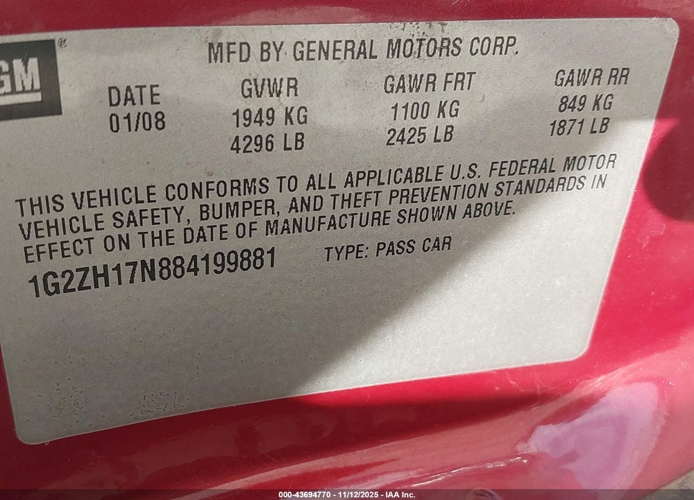 2008 PONTIAC G6 GT VIN: 1G2ZH17N884199881
