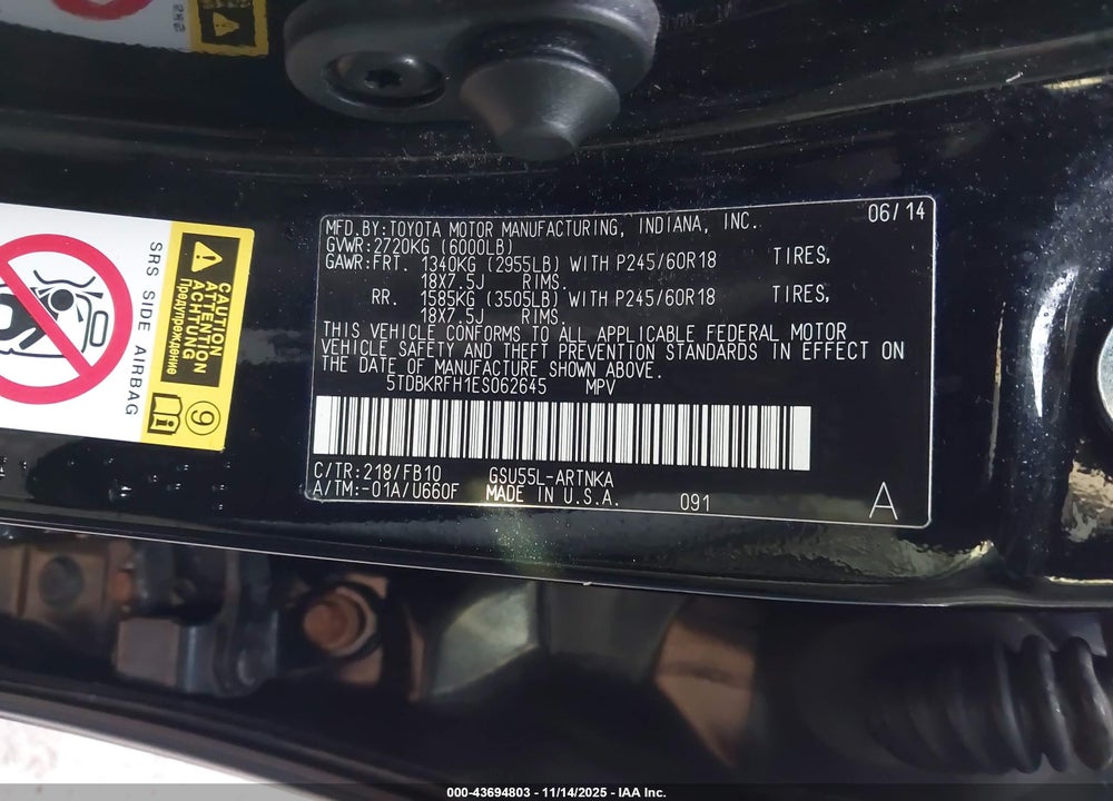 2014 TOYOTA HIGHLANDER VIN: 5TDBKRFH1ES062645