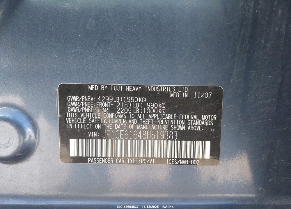 2008 SUBARU IMPREZA VIN: JF1GE61648H519383