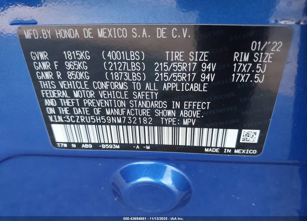 2022 HONDA HR-V EX VIN: 3CZRU5H59NM732182