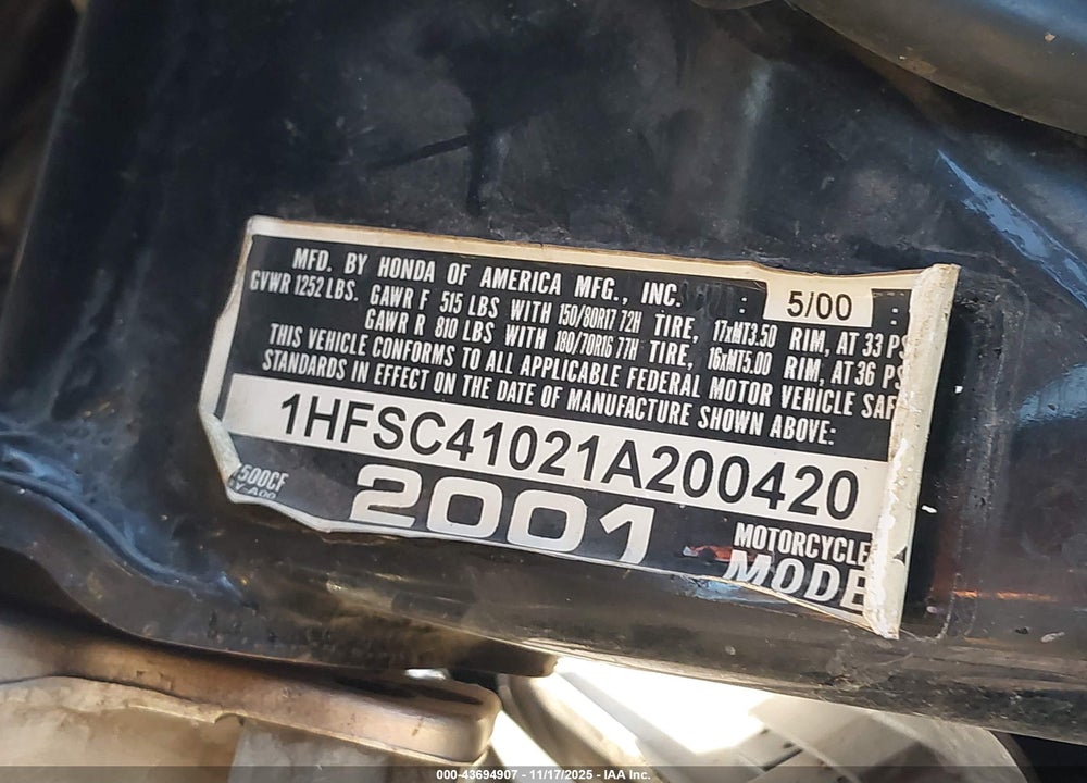 2001 HONDA GL1500 CF VIN: 1HFSC41021A200420