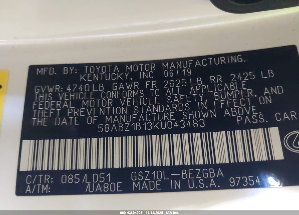 2019 LEXUS ES 350 VIN: 58ABZ1B13KU043483