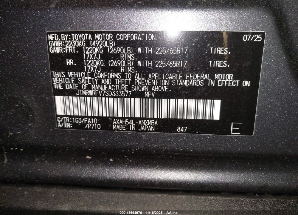 2025 TOYOTA RAV4 HYBRID XLE VIN: JTMRWRFV7SD333577