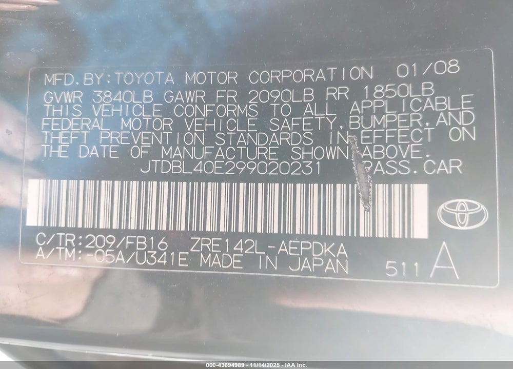 2009 TOYOTA COROLLA VIN: JTDBL40E299020231