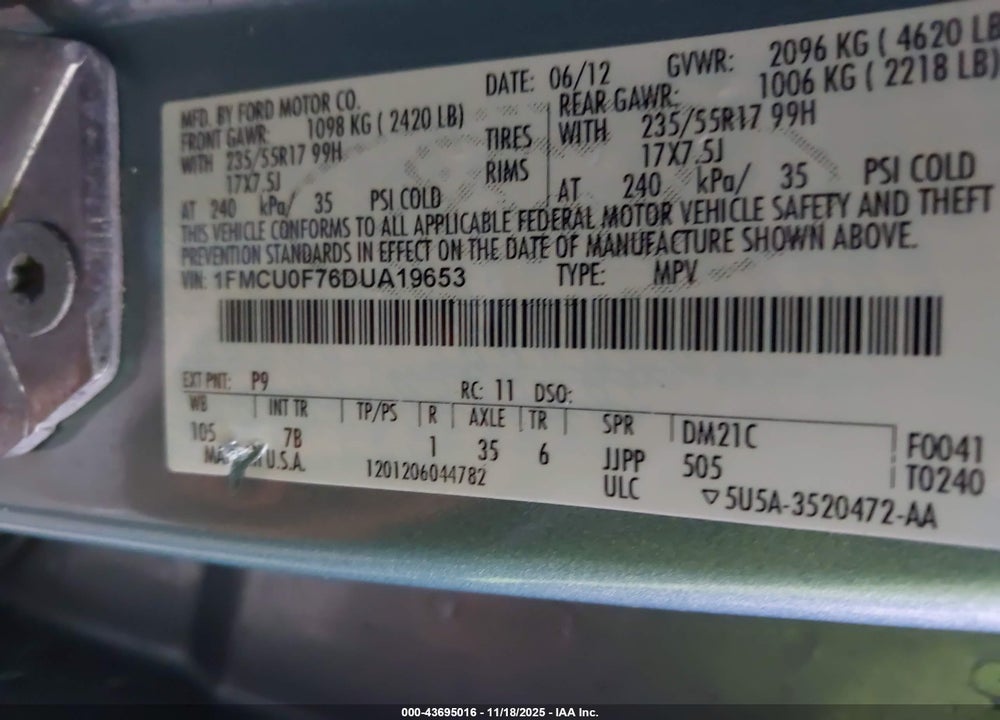 2013 FORD ESCAPE S VIN: 1FMCU0F76DUA19653