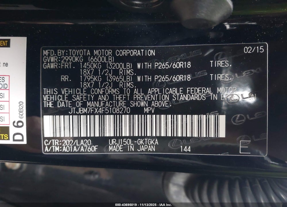 2015 LEXUS GX 460 VIN: JTJBM7FX4F5108270